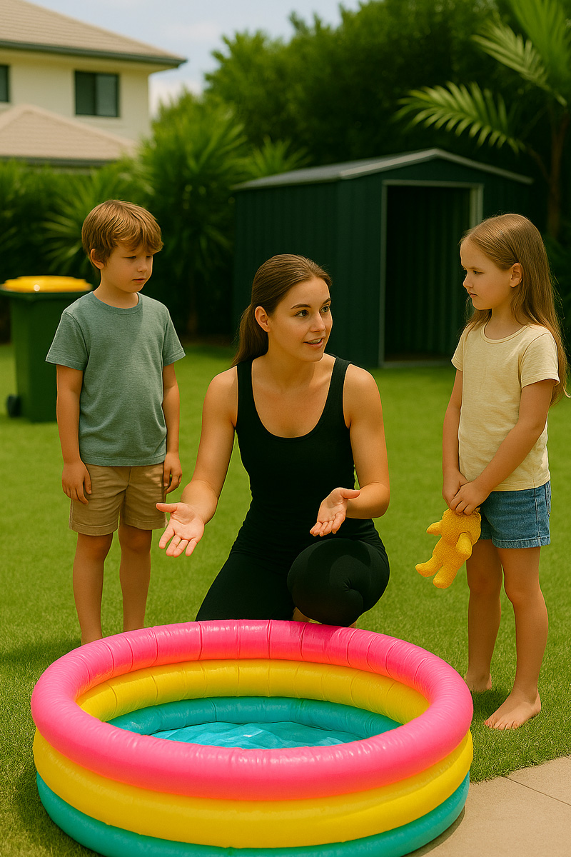 Mother explaining to kids why inflatable pool has to be thrown out