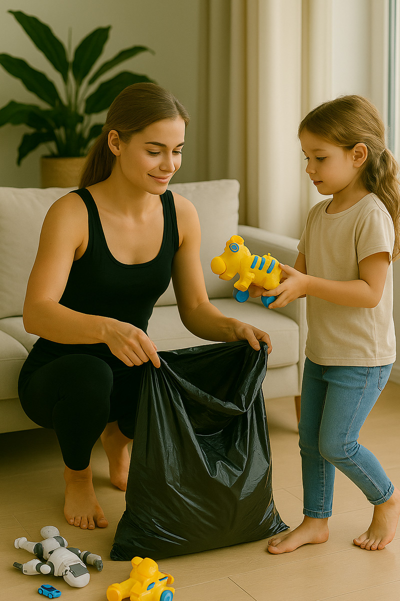 Mother teaching kids to declutter