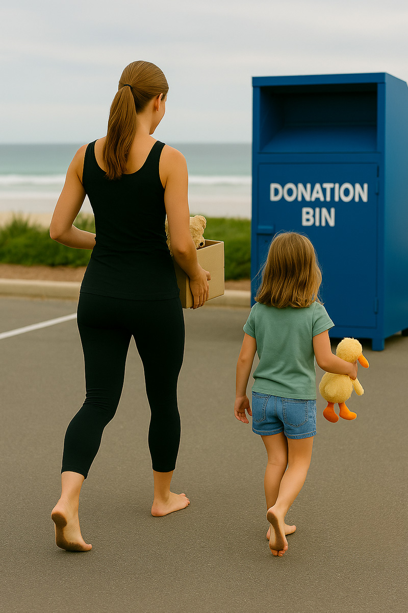 Mother teaching kids to donate