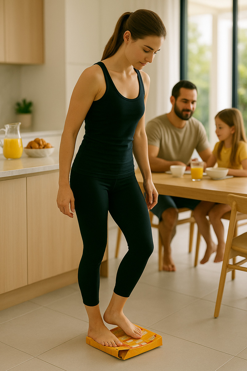 Woman crushing cereal carton with her feet for recycling