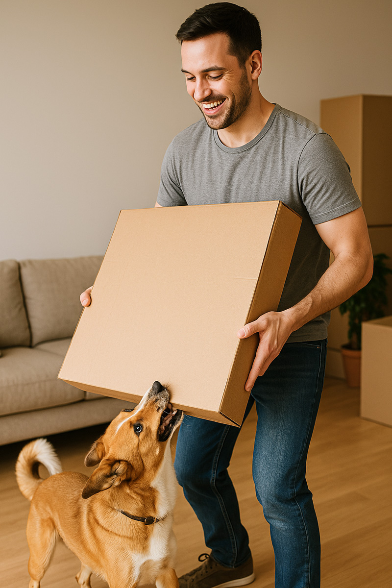 Man carrying box while dog tries to help