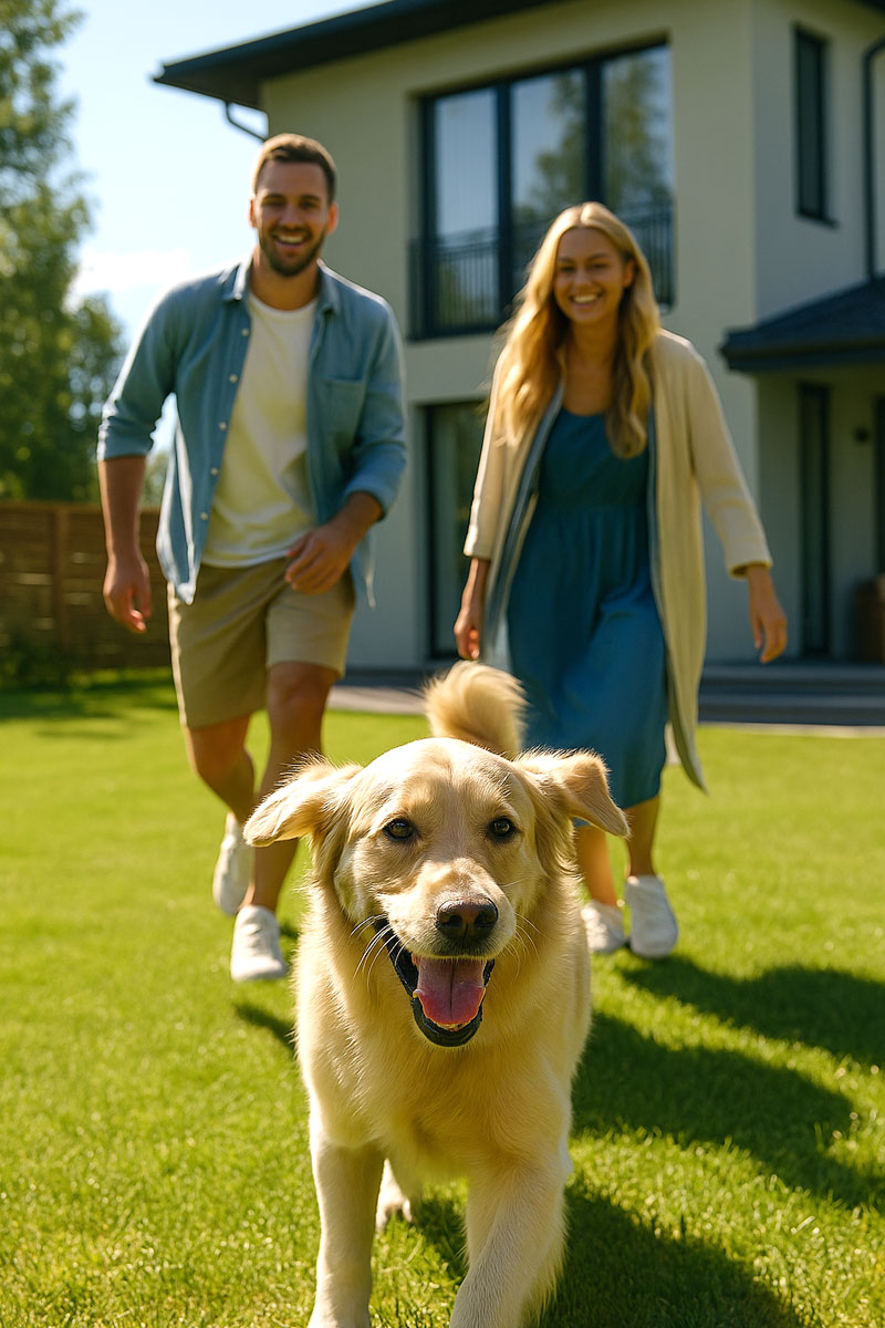 Dog exploring its new garden with owners after moving in