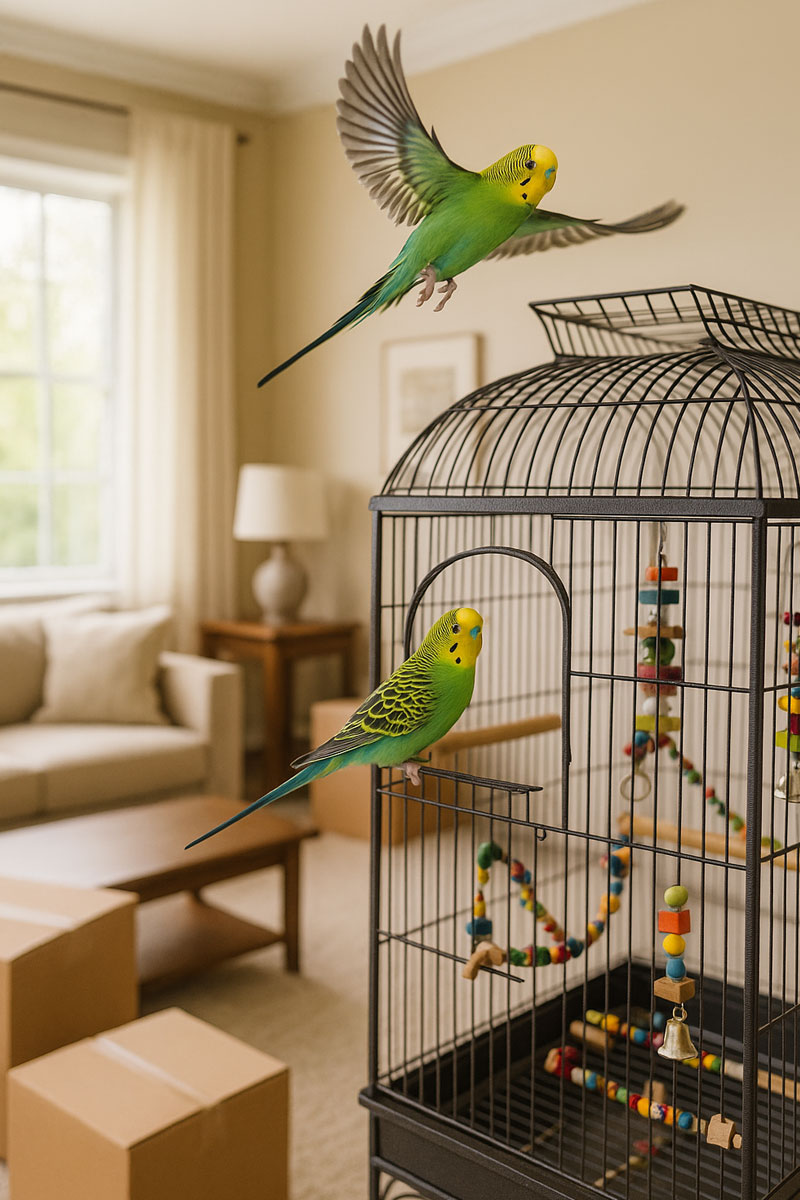 Birds taking their first flight inside their new home after moving