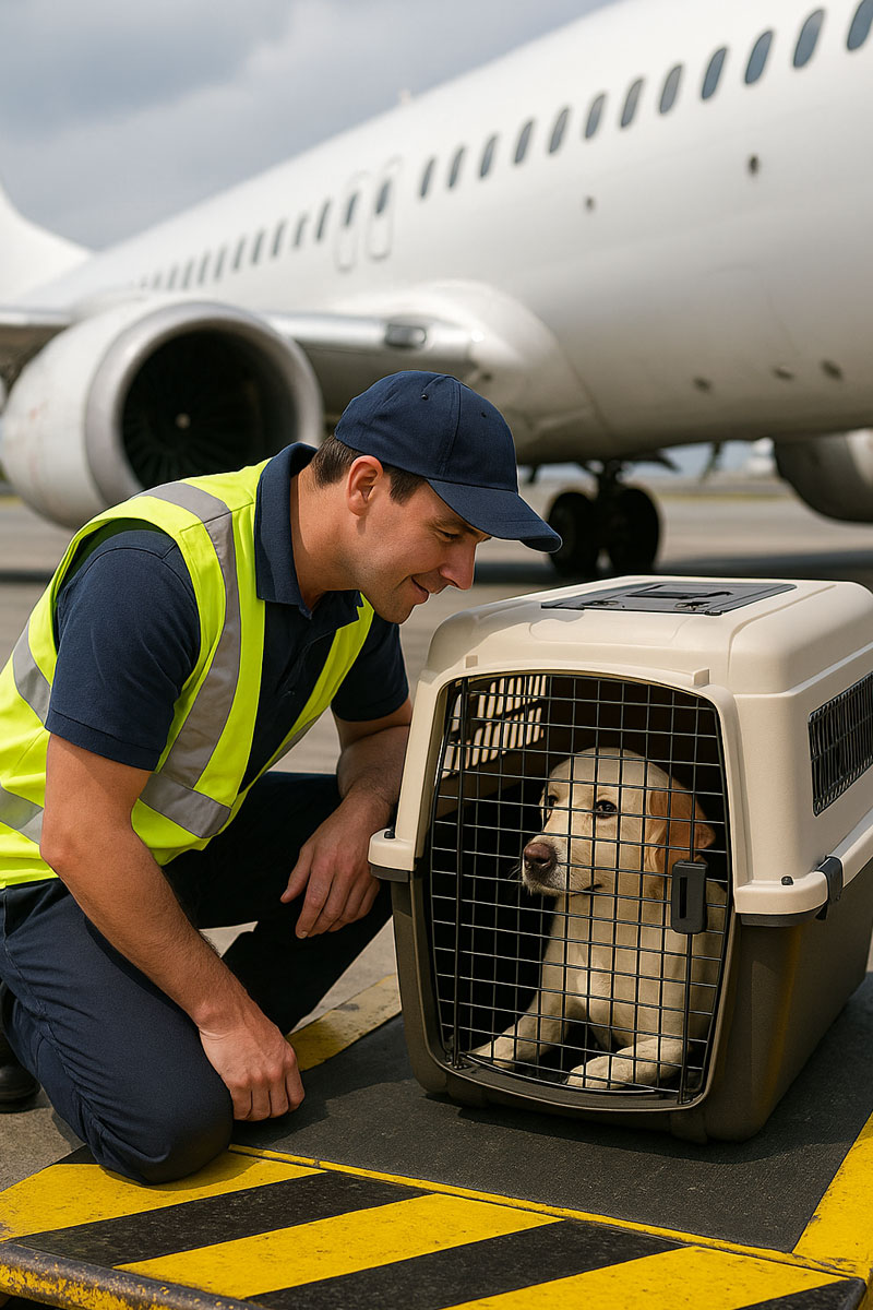 Dog getting ready to be put onto a plane