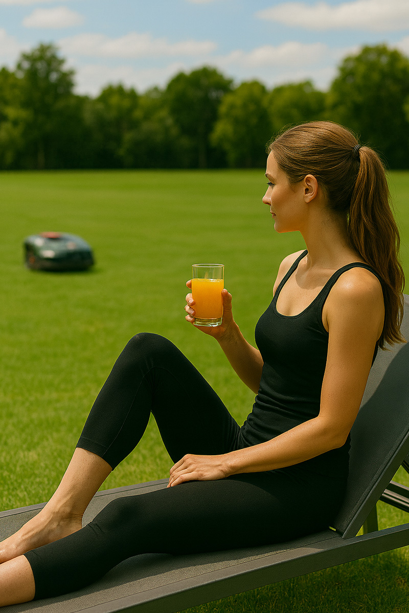 Woman supervising her automatic lawnmower