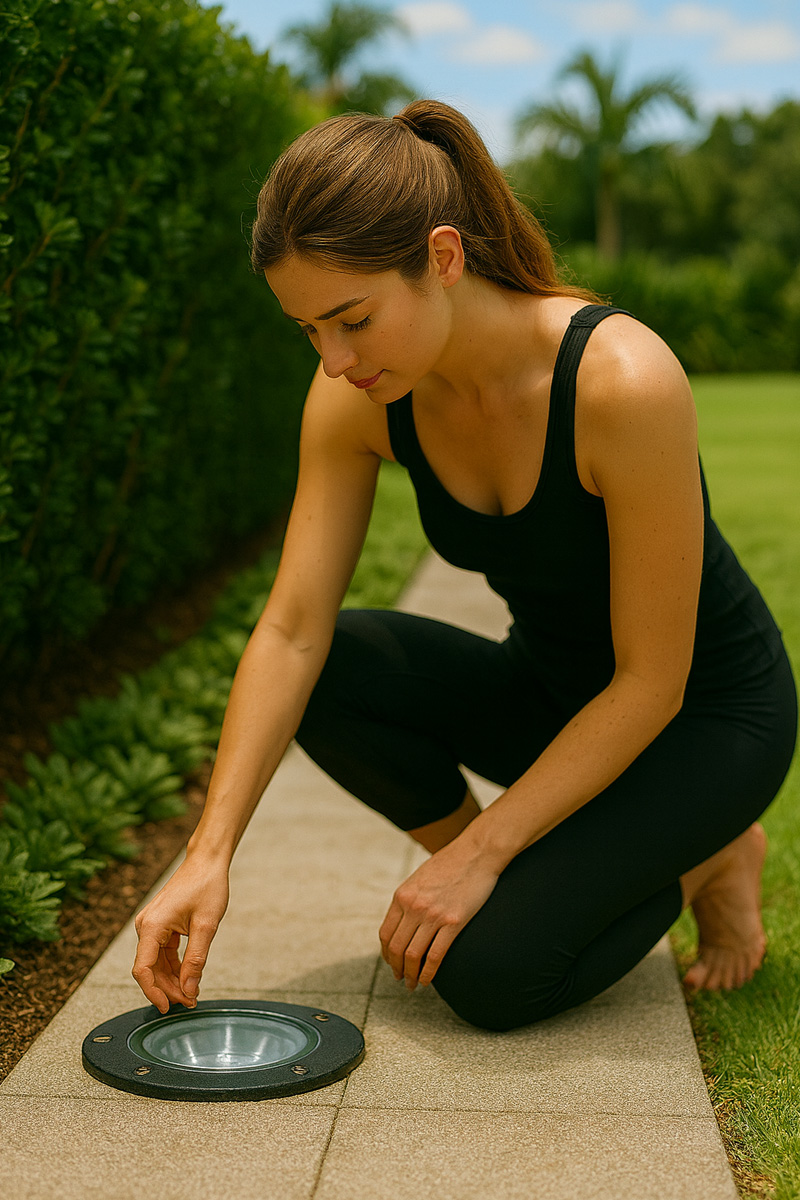 Woman checking her garden lighting