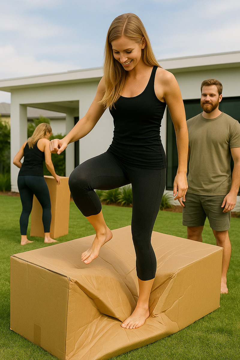 Woman crushing a large cardboard box for recycling
