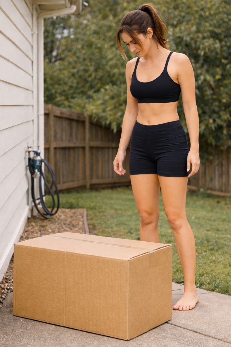Woman standing on a box to soften it for recycling