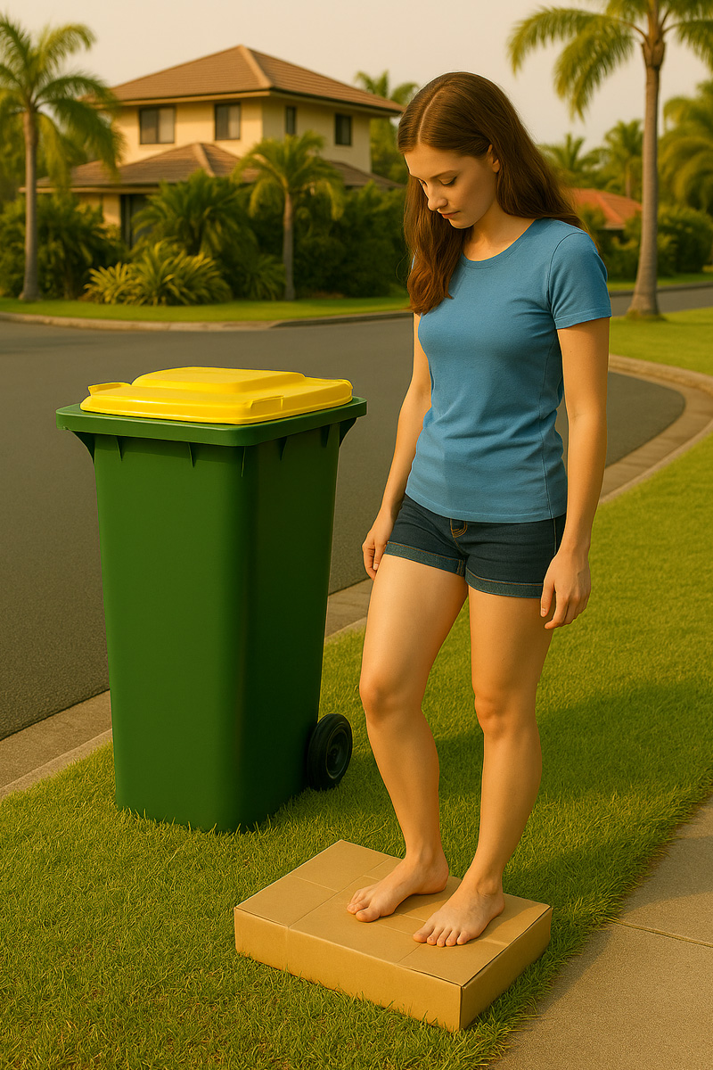 Woman recycling a cardboard box next to her bin on collection night