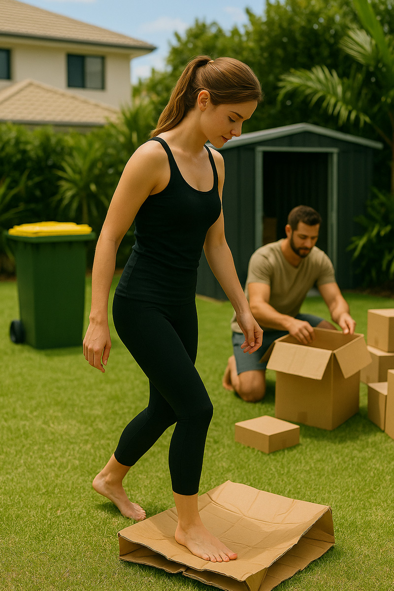 Woman crushing a box for recycling while her husband repacks