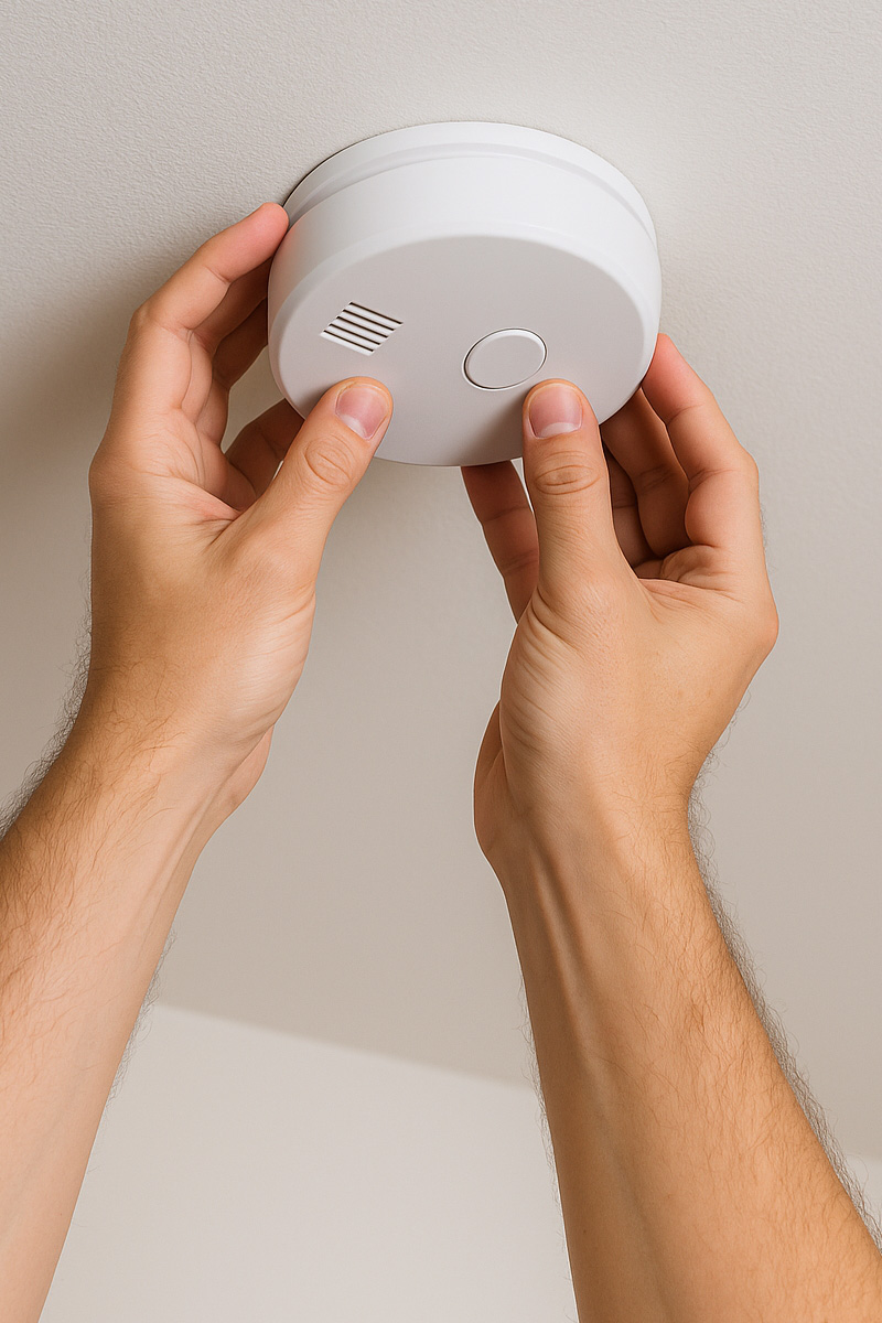 Man removing a smoke alarm for backup battery replacement