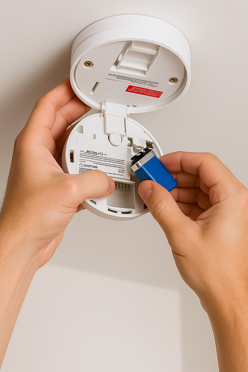 Man replacing a 9V smoke alarm backup battery