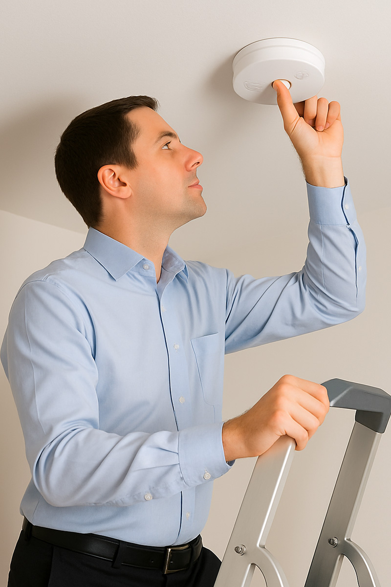 Man on a ladder pressing a smoke alarm test button
