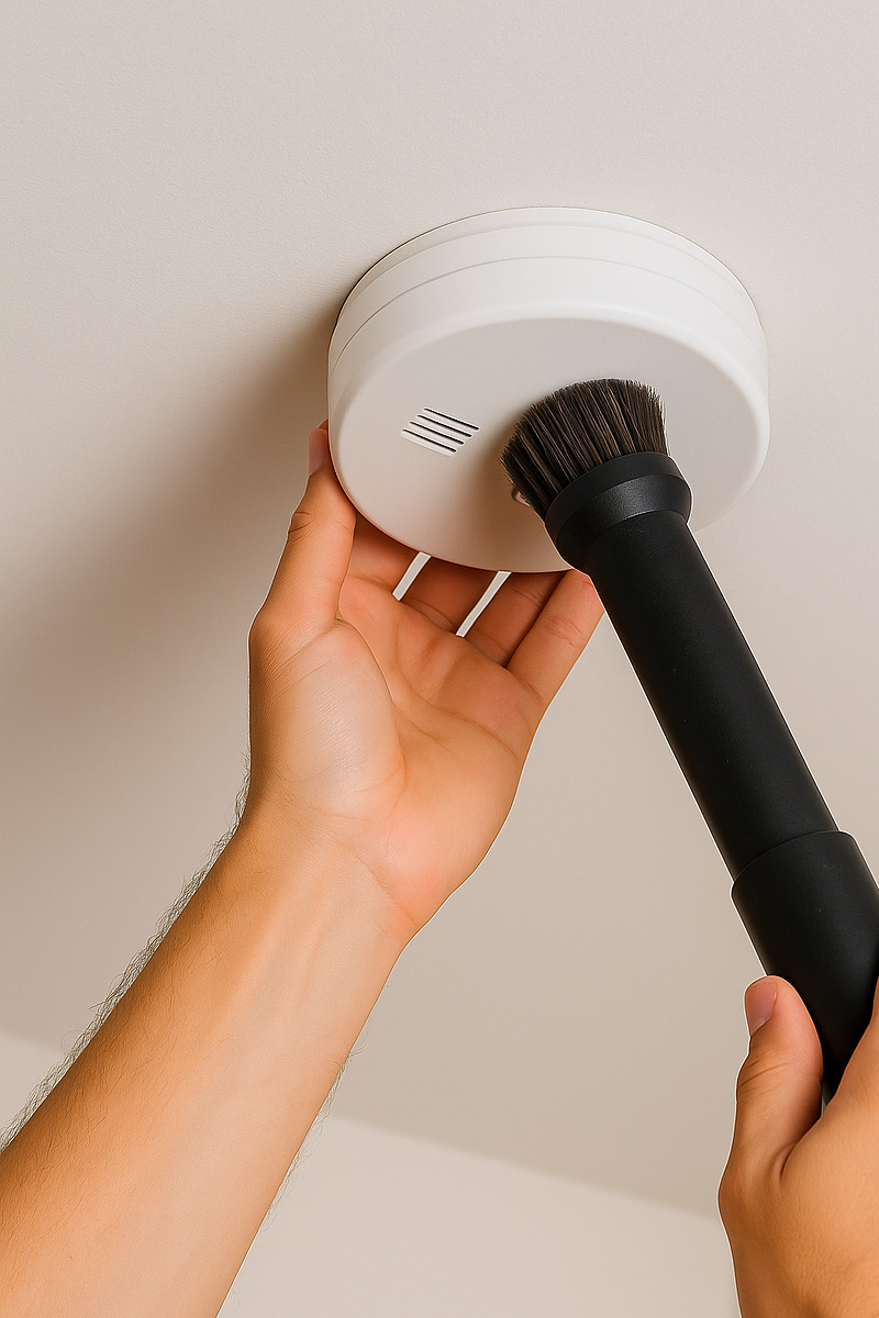 Man cleaning a smoke alarm using a vacuum cleaner with soft brush