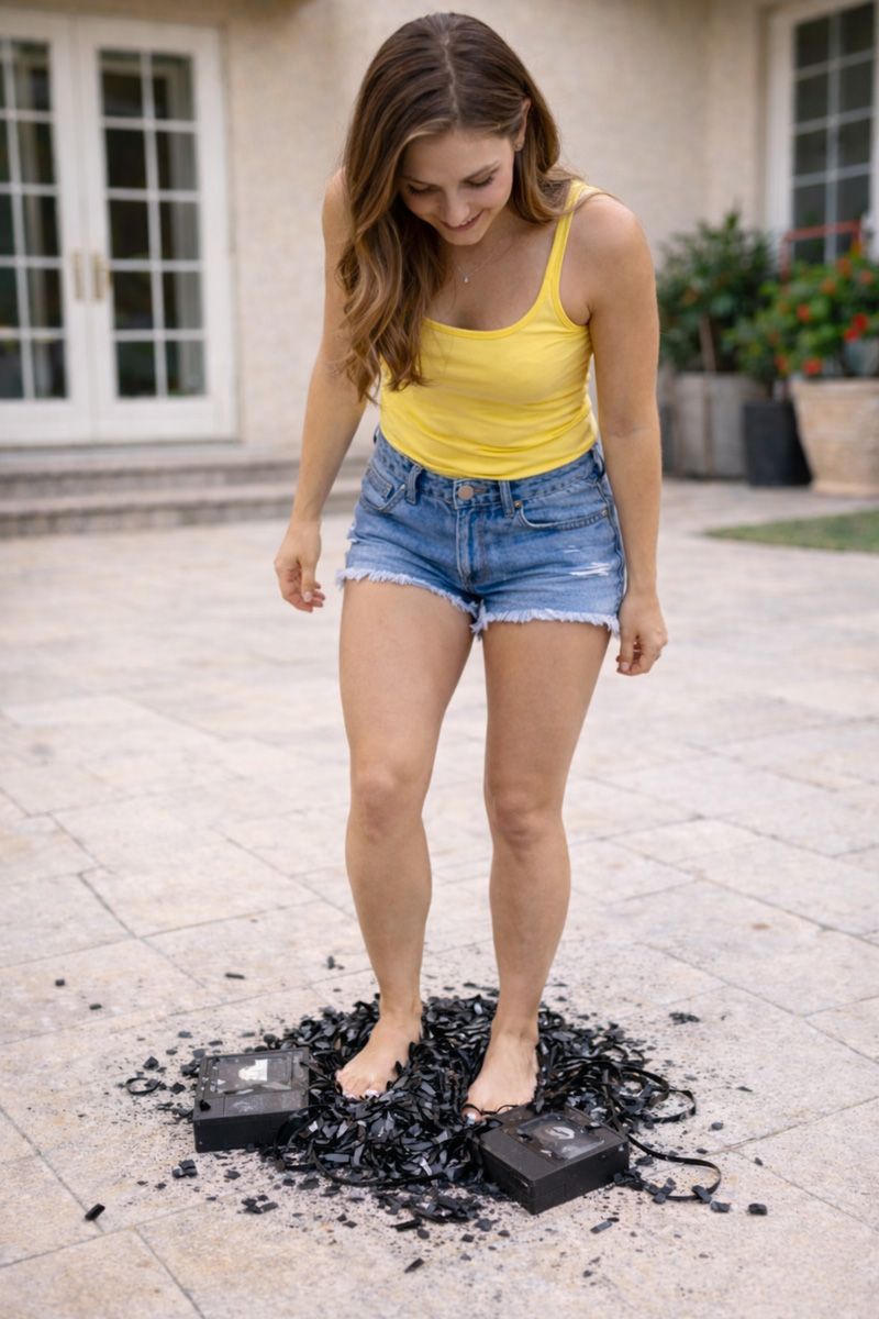 Creasing and ruffling VHS tape underfoot