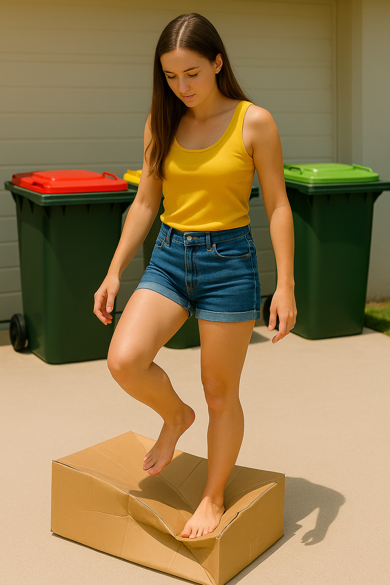 Woman crushing a box with her feet for recycling