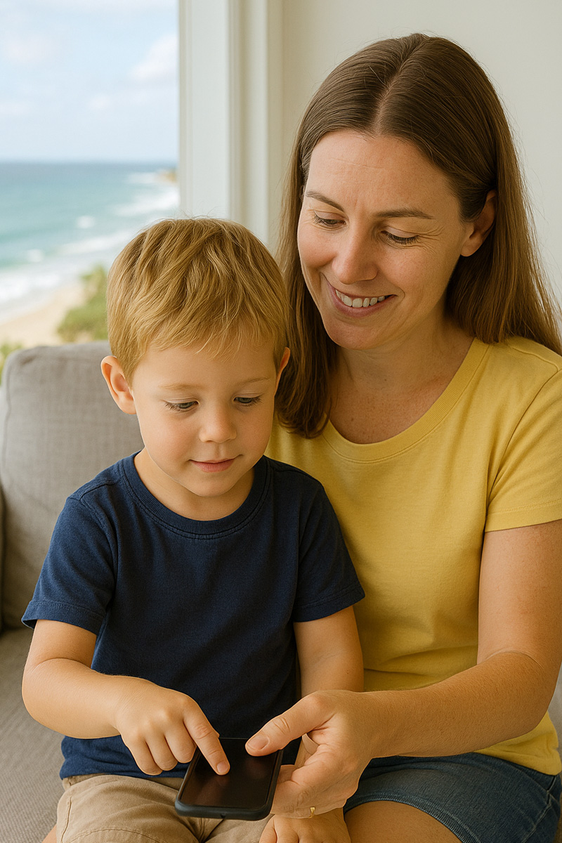 A mother teaching her son the emergency services number