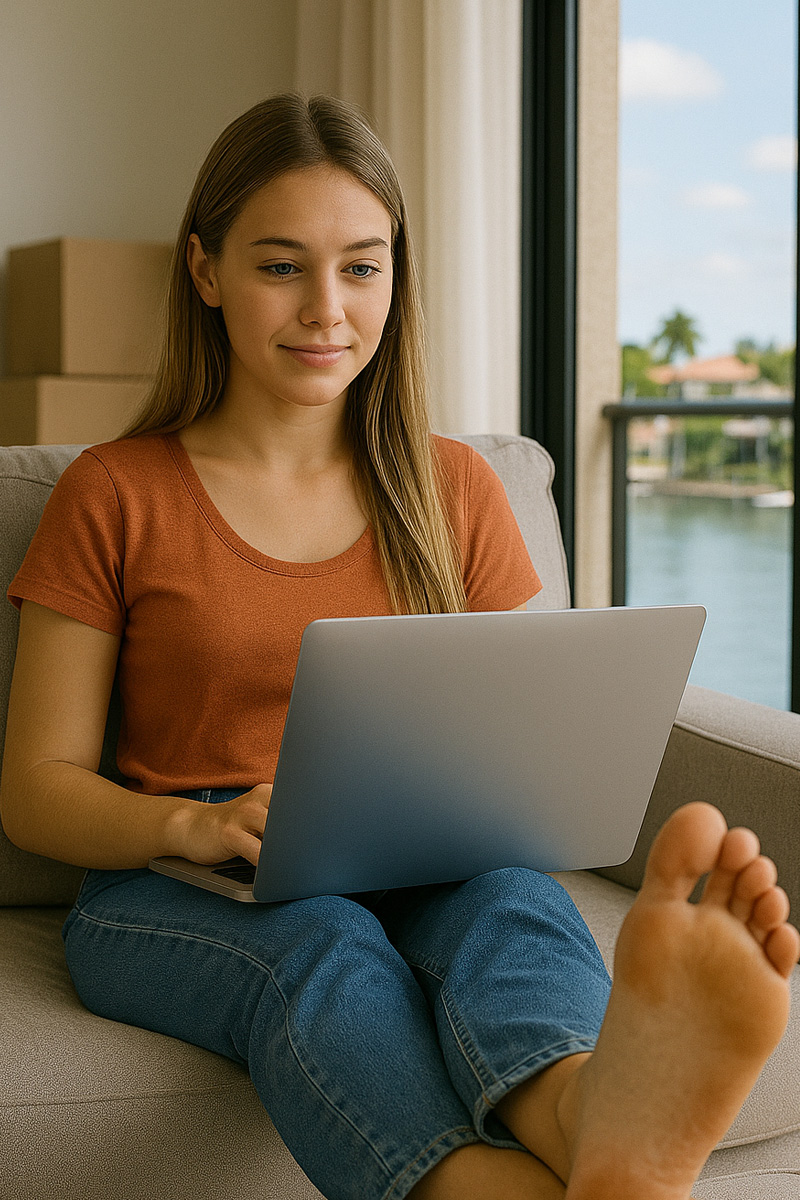 Woman setting up the Internet on her laptop after just moving in